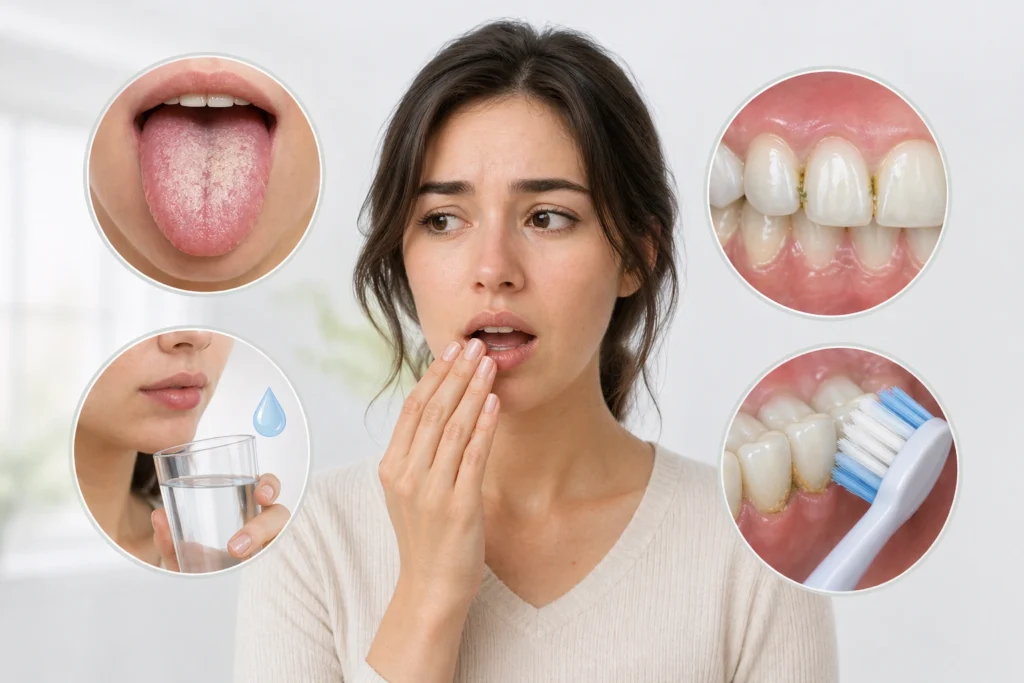 infographic showing why breath can still smell after brushing because tongue coating debris and dry mouth remain