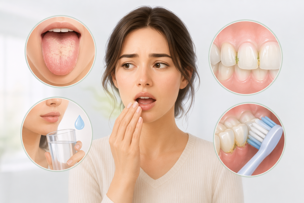 infographic showing why breath can still smell after brushing because tongue coating debris and dry mouth remain