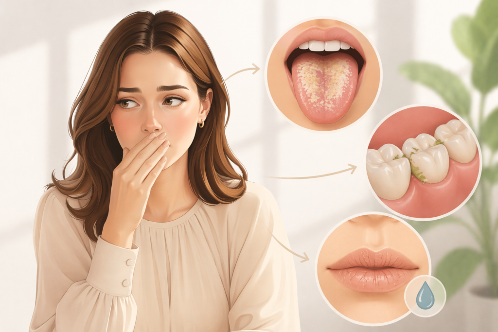 main hidden causes of recurring bad breath including tongue buildup trapped food and dry mouth