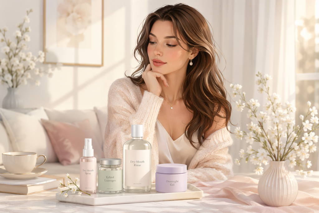 young western woman comparing different dry mouth product types for bad breath in a premium lifestyle setting