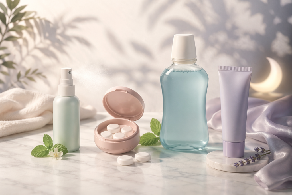 editorial product comparison image showing different dry mouth product types for bad breath