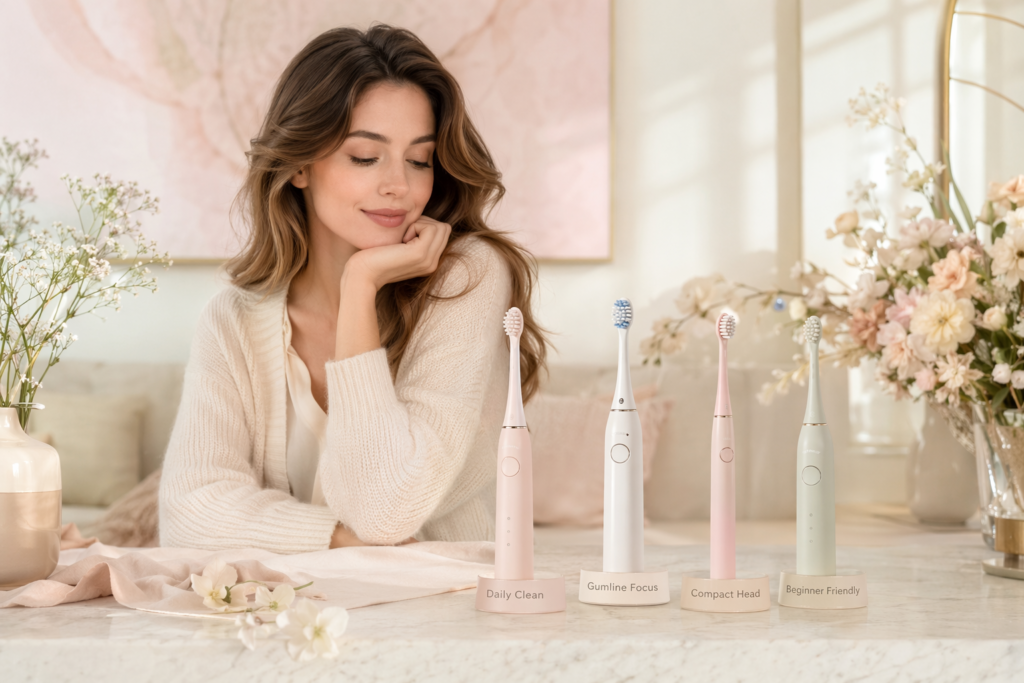 young western woman comparing different electric toothbrush types for bad breath in a premium lifestyle setting