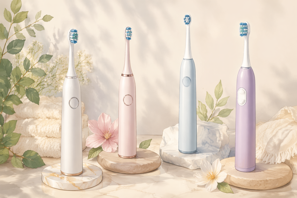 editorial product comparison image showing different electric toothbrush types for bad breath