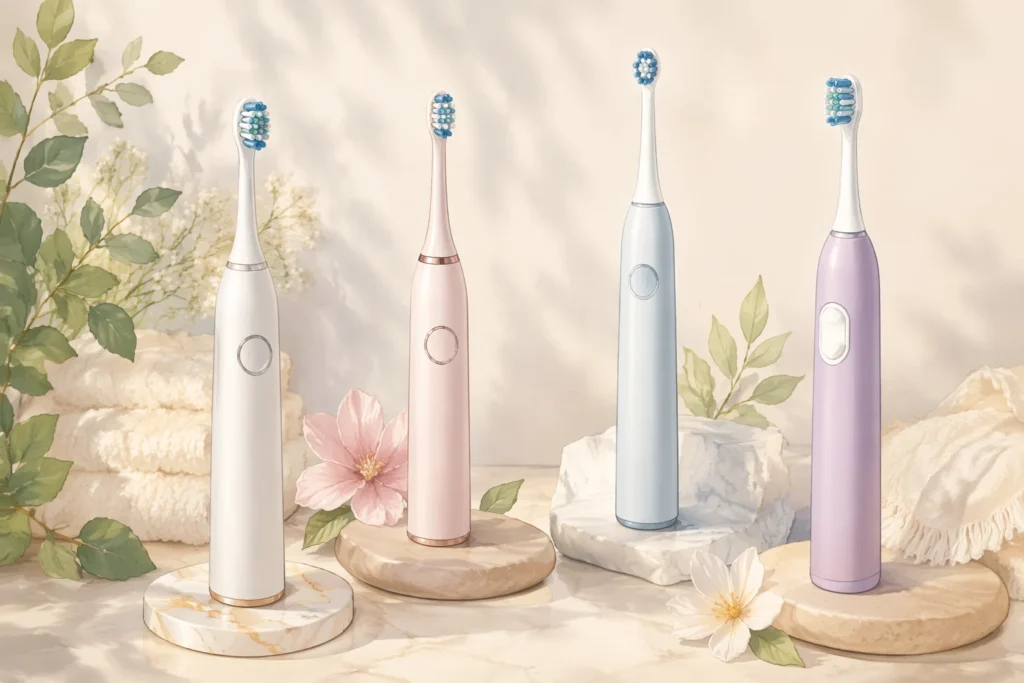 editorial product comparison image showing different electric toothbrush types for bad breath