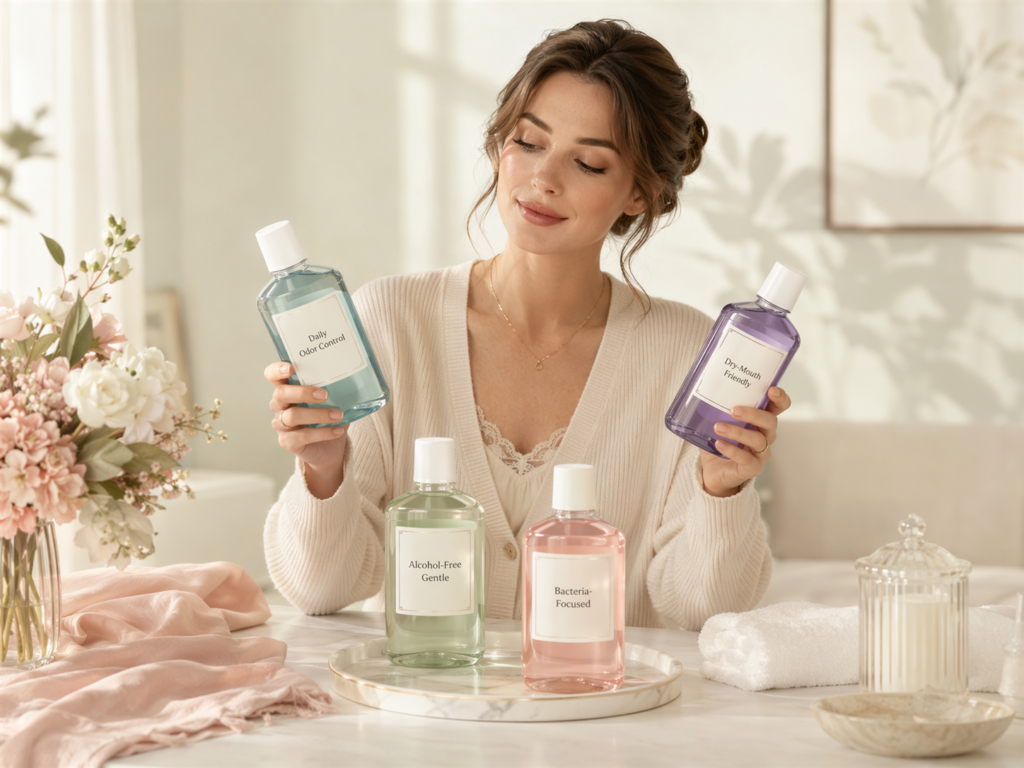 young western woman comparing different mouthwash types for bad breath in a premium lifestyle setting