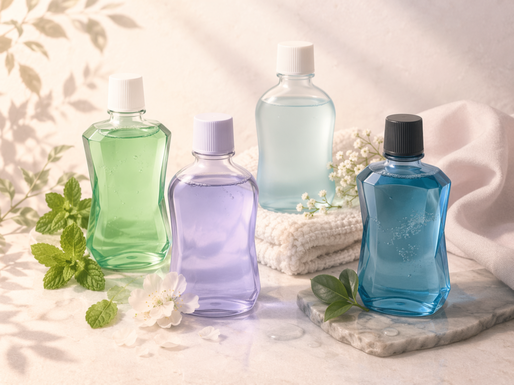 editorial product comparison image showing different mouthwash types for bad breath