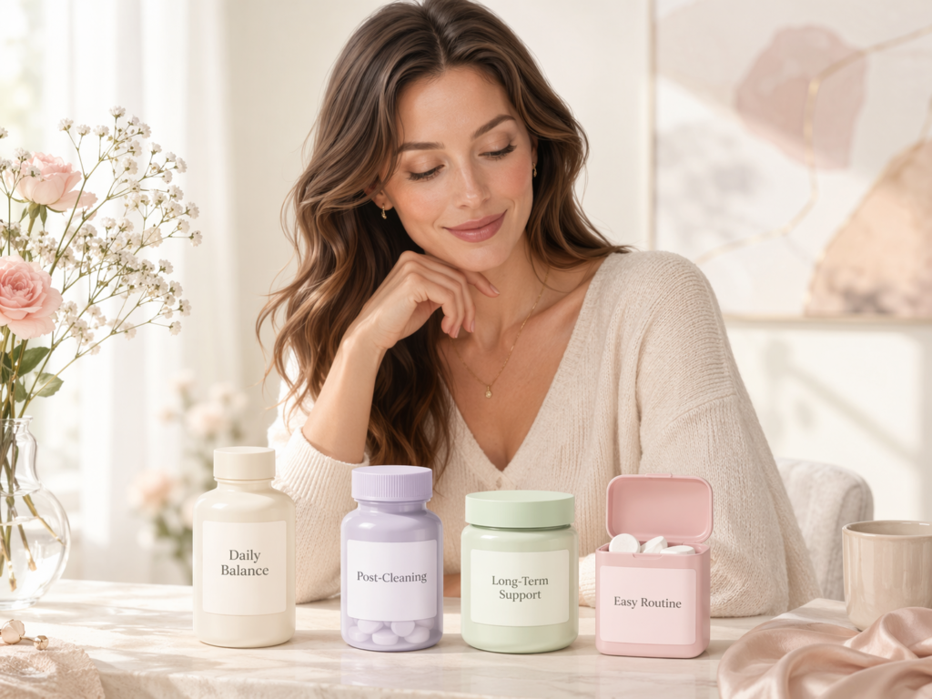 young western woman comparing different oral probiotic types for bad breath in a premium lifestyle setting