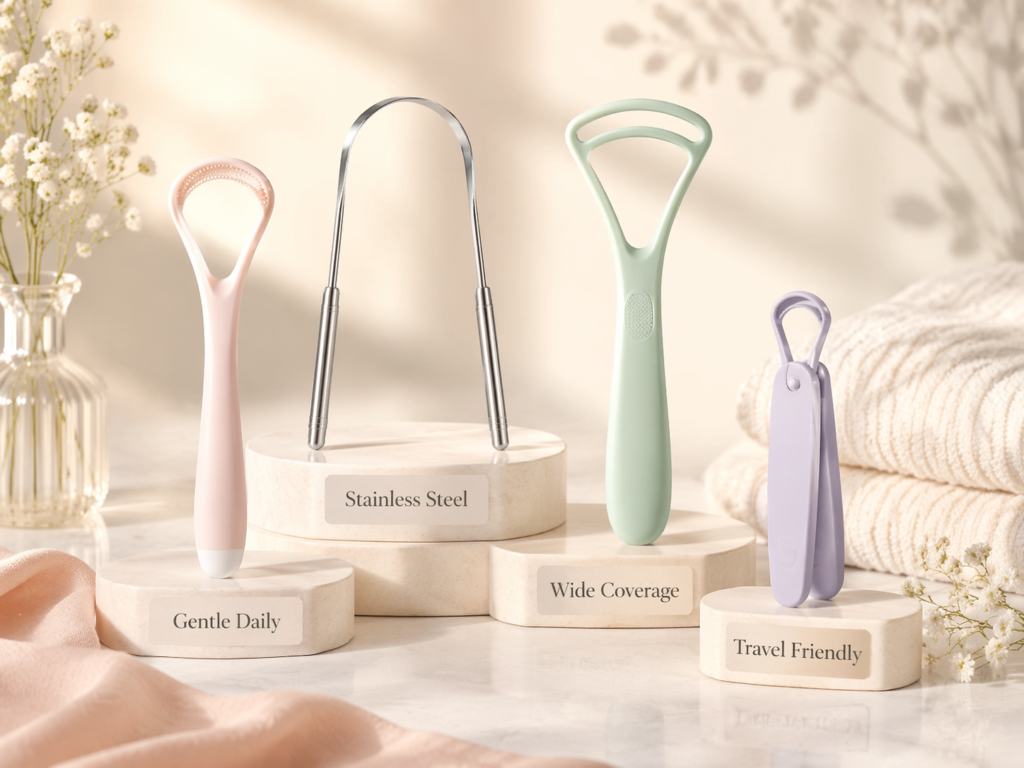 editorial product comparison image showing different tongue scraper types for bad breath