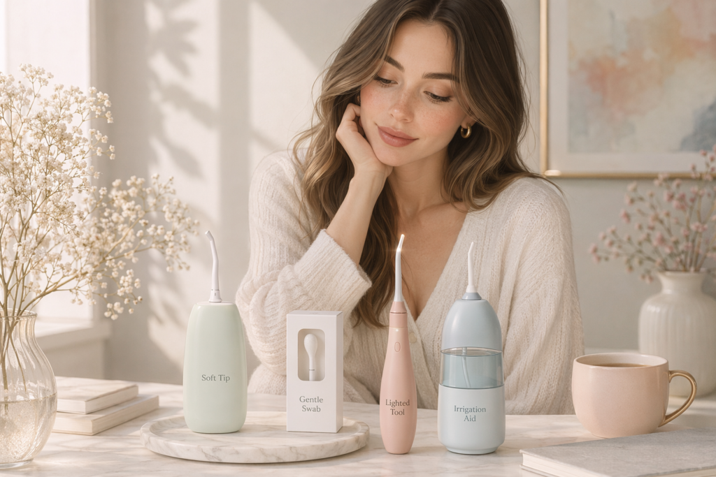 young western woman comparing different tonsil stone remover types for bad breath in a premium lifestyle setting