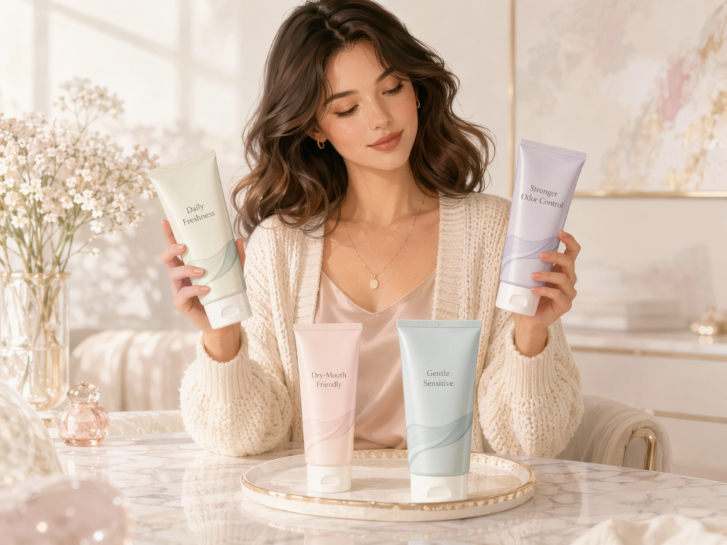 young western woman comparing different toothpaste types for bad breath in a clean lifestyle setting