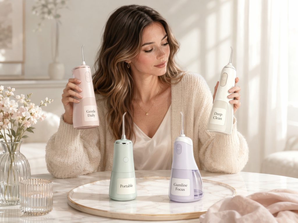 young western woman comparing different water flosser types for bad breath in a premium lifestyle setting