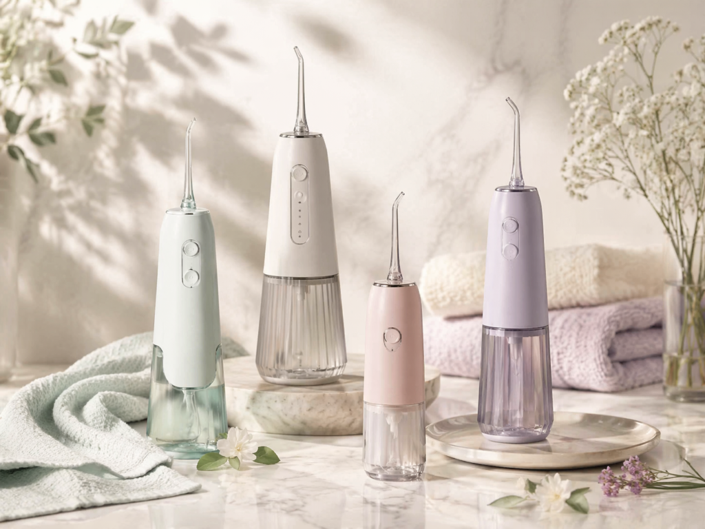 editorial product comparison image showing different water flosser types for bad breath