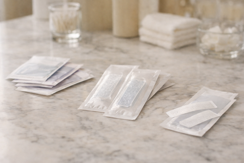 different whitening strip types for sensitive teeth on a marble surface