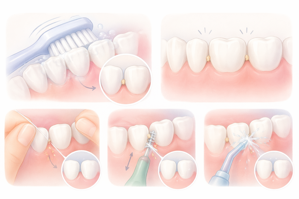 infographic showing how floss interdental brushes and water flossers clean between teeth properly