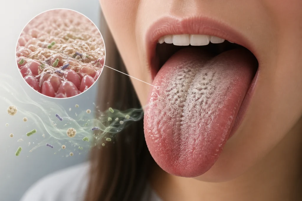 can tongue coating cause bad breath coated tongue close-up with tongue surface buildup