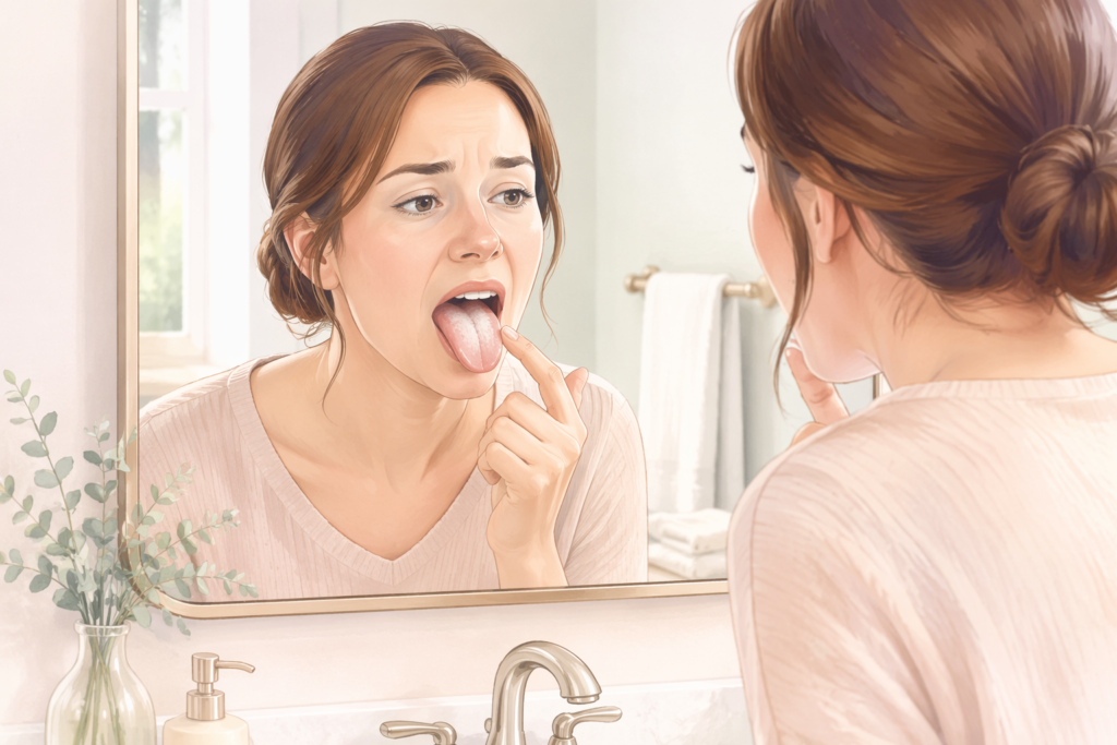young western woman checking her tongue in the mirror and wondering if tongue coating is causing bad breath