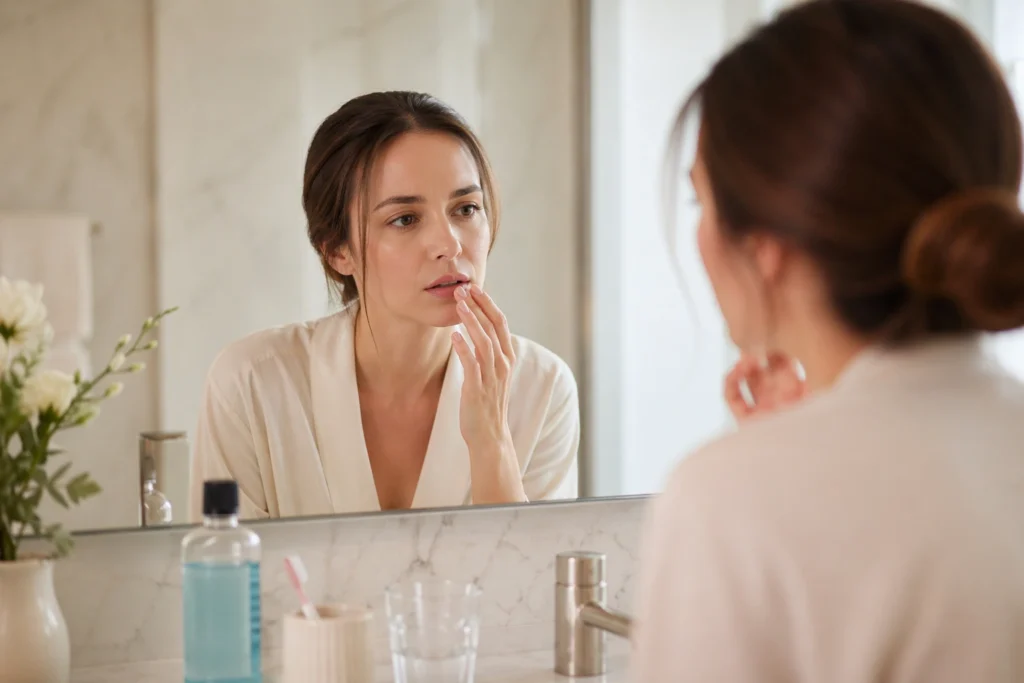 does dry mouth cause bad breath woman noticing dry mouth in the bathroom mirror