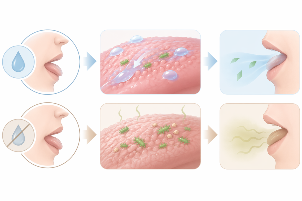 infographic showing how dry mouth can make bad breath worse by reducing saliva and oral balance