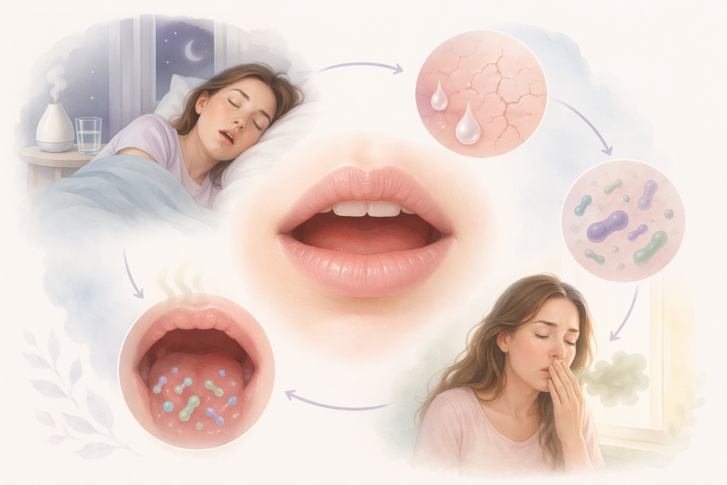 infographic showing how dry mouth at night can make morning breath worse by reducing saliva and oral balance