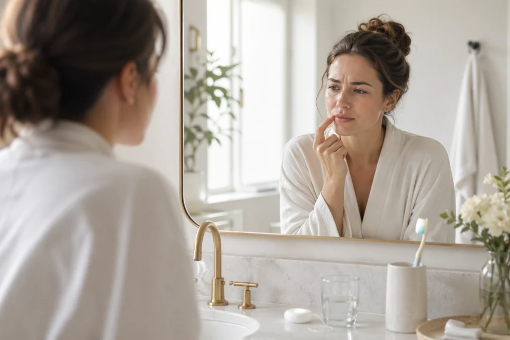 how to clean between your teeth properly woman checking her teeth in the mirror