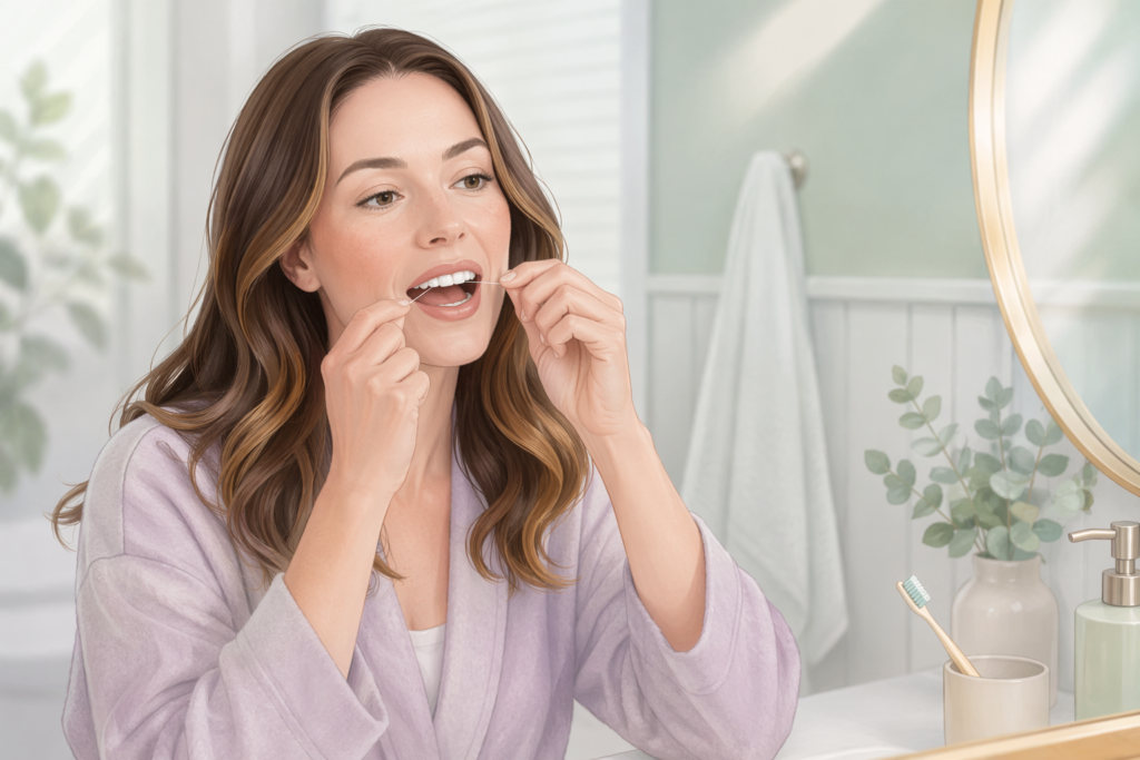 A girl is thinking about how to use a product for cleaning between her teeth effectively