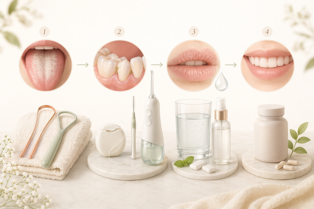 how to fix bad breath step by step with tongue cleaning interdental care dry mouth support and oral probiotics