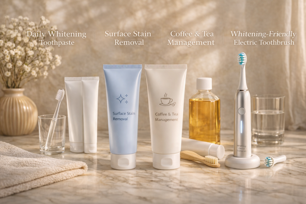 editorial whitening maintenance products arranged by long-term use direction