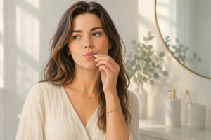 woman wondering whether persistent bad breath may be a medical issue in a soft premium editorial setting