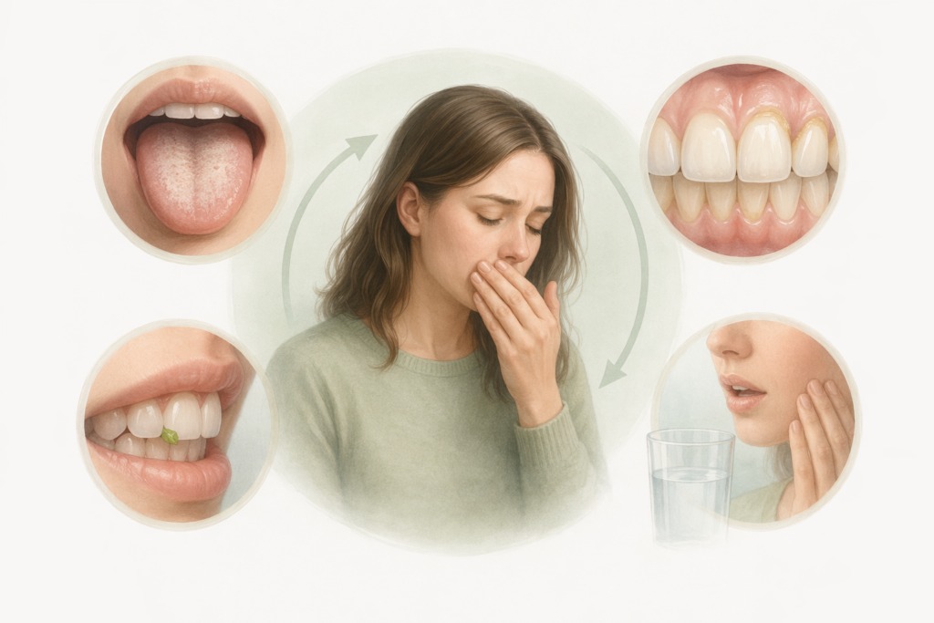 infographic showing recurring bad breath cycle including tongue buildup trapped debris and dry mouth