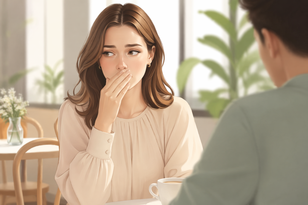person feeling self-conscious about recurring bad breath during conversation