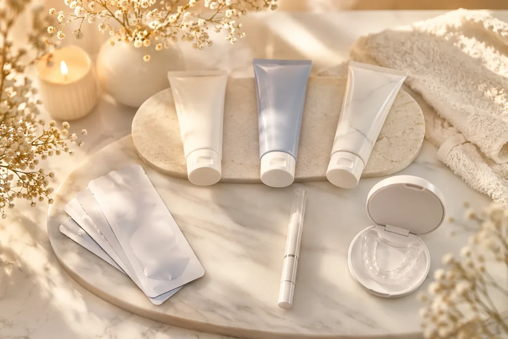 editorial arrangement of safe teeth whitening product categories including toothpaste strips pen and at-home kit
