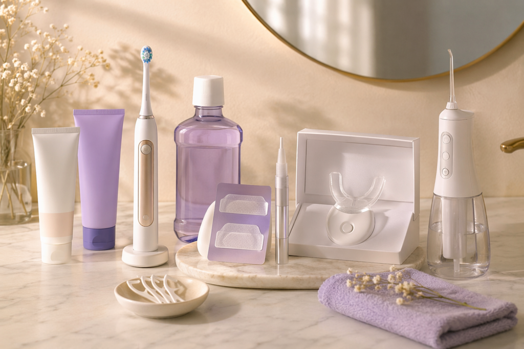 editorial arrangement of teeth whitening product categories for a cleaner brighter smile