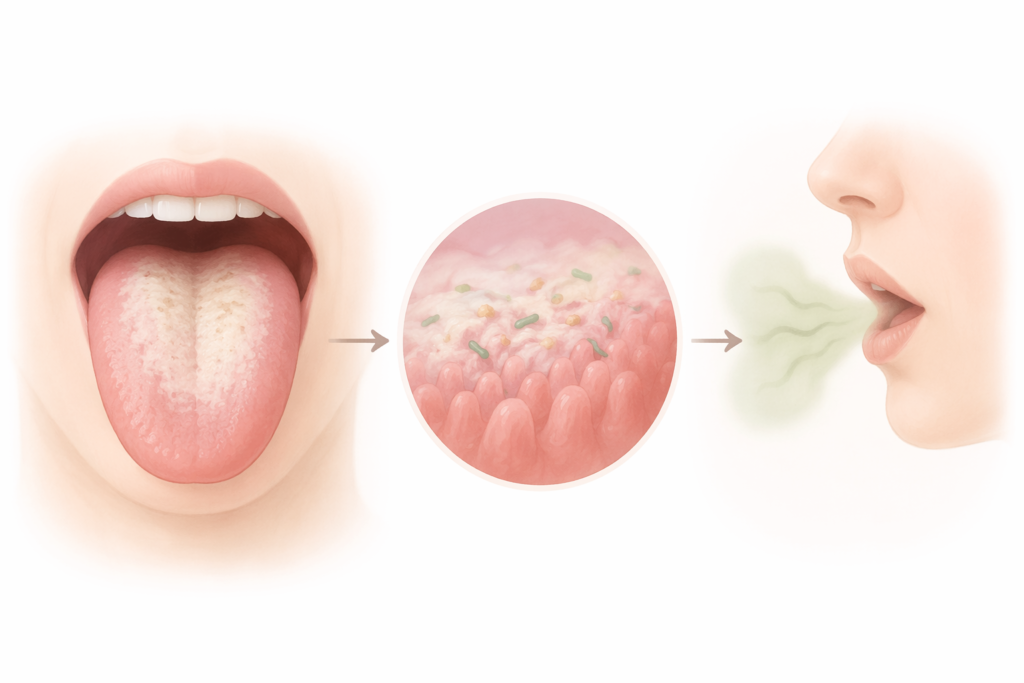infographic showing how tongue coating can trap bacteria and contribute to bad breath