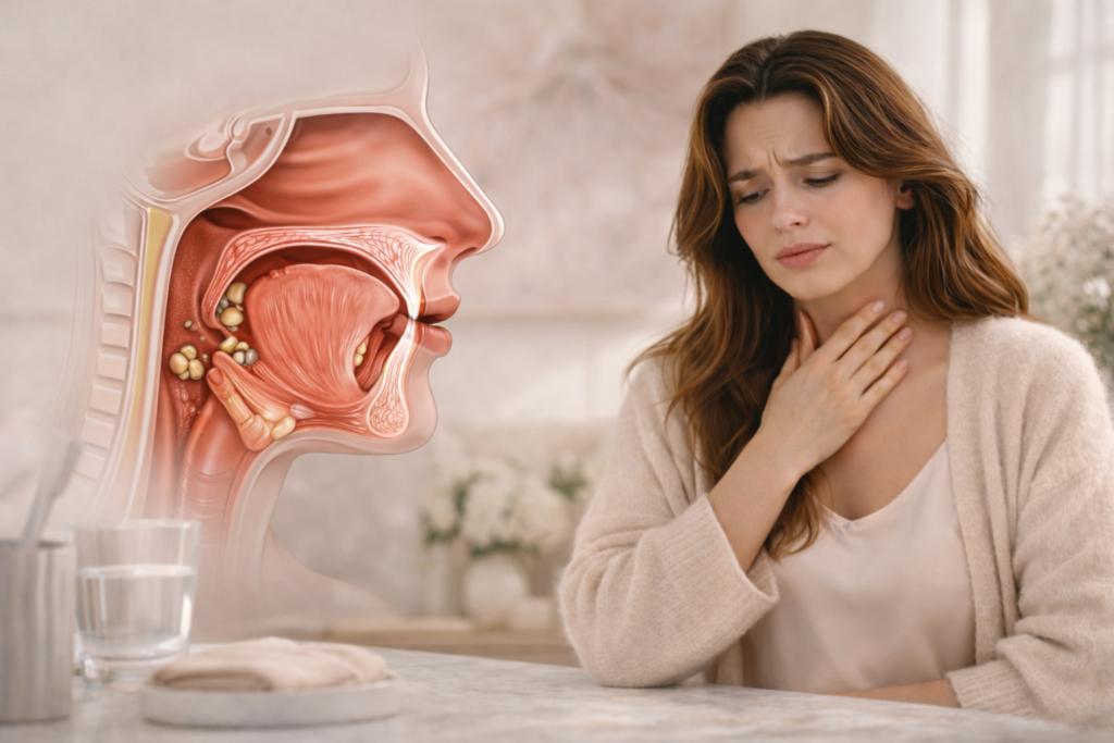 editorial support image showing how tonsil stones can affect the throat and make bad breath more noticeable