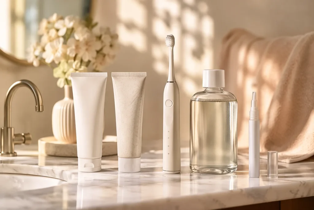 Complete oral care routine with toothpaste, electric toothbrush, mouthwash, and gum-care products on a marble bathroom counter in soft warm light.