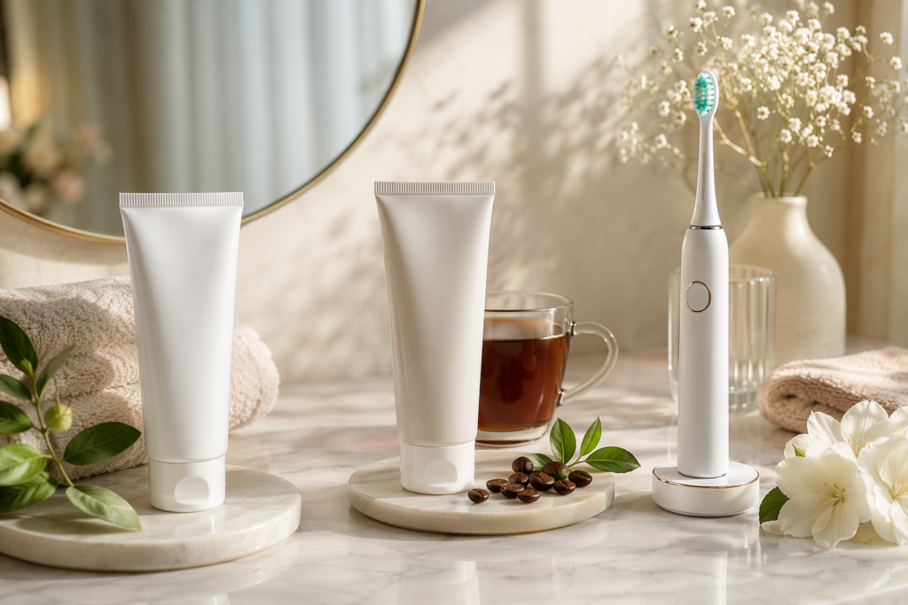 editorial arrangement of whitening toothpaste and related whitening support product directions