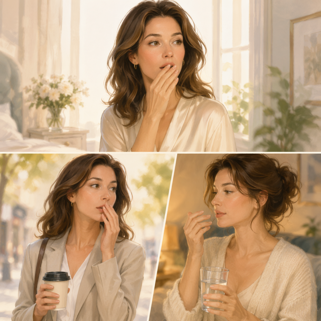 western woman noticing that her breath feels different at different times of day in a soft premium lifestyle setting