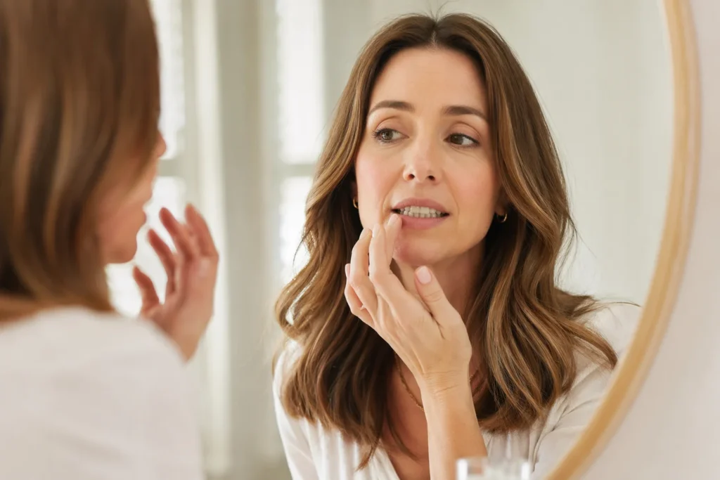 western woman noticing her teeth look slightly more yellow over time in a refined mirror scene