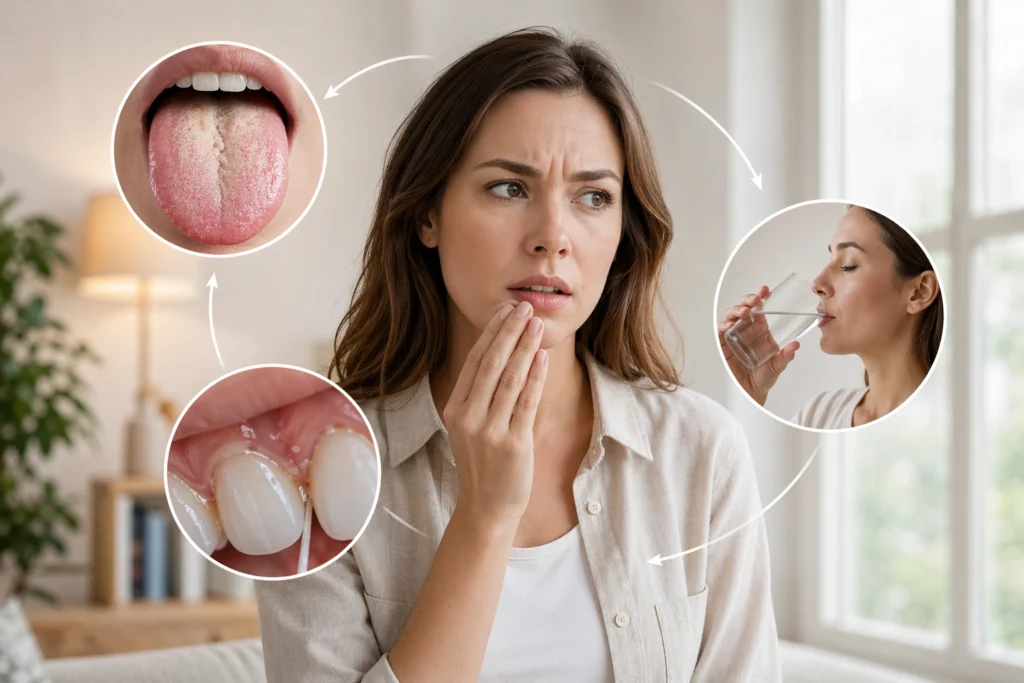 why does bad breath keep coming back tongue buildup trapped debris and dry mouth cycle