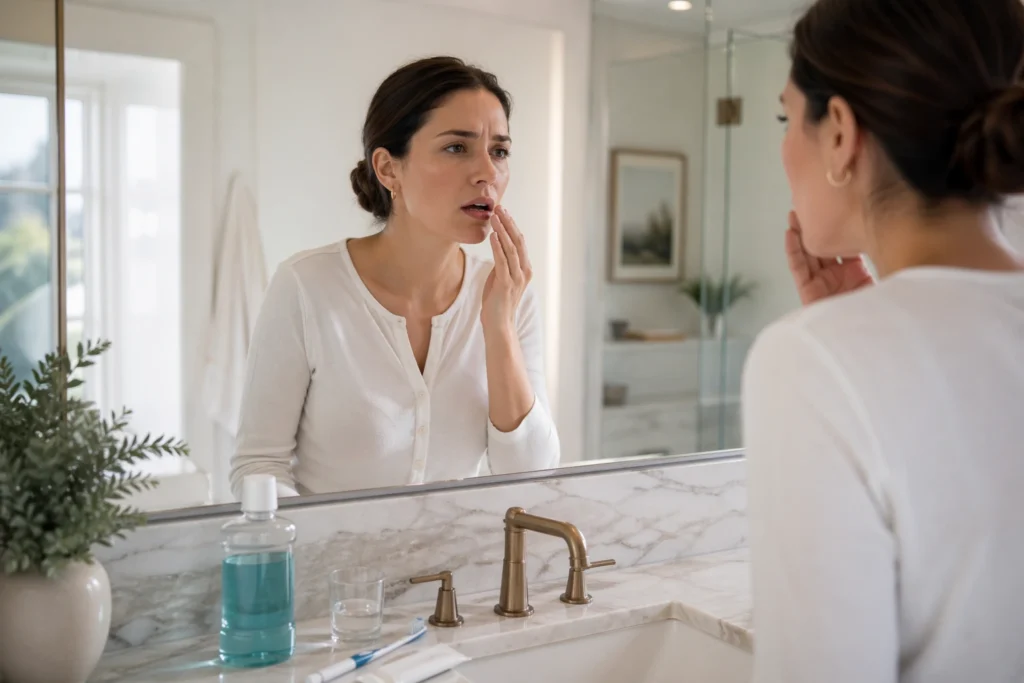 why does bad breath keep coming back woman checking her breath after brushing