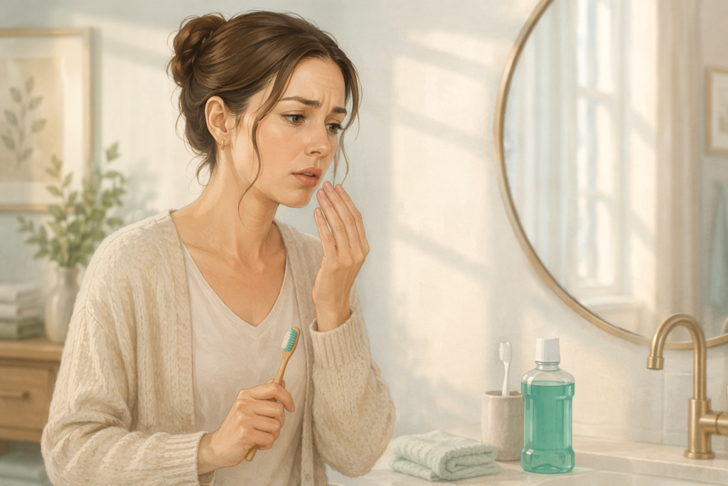 young woman feeling frustrated because bad breath keeps coming back after brushing