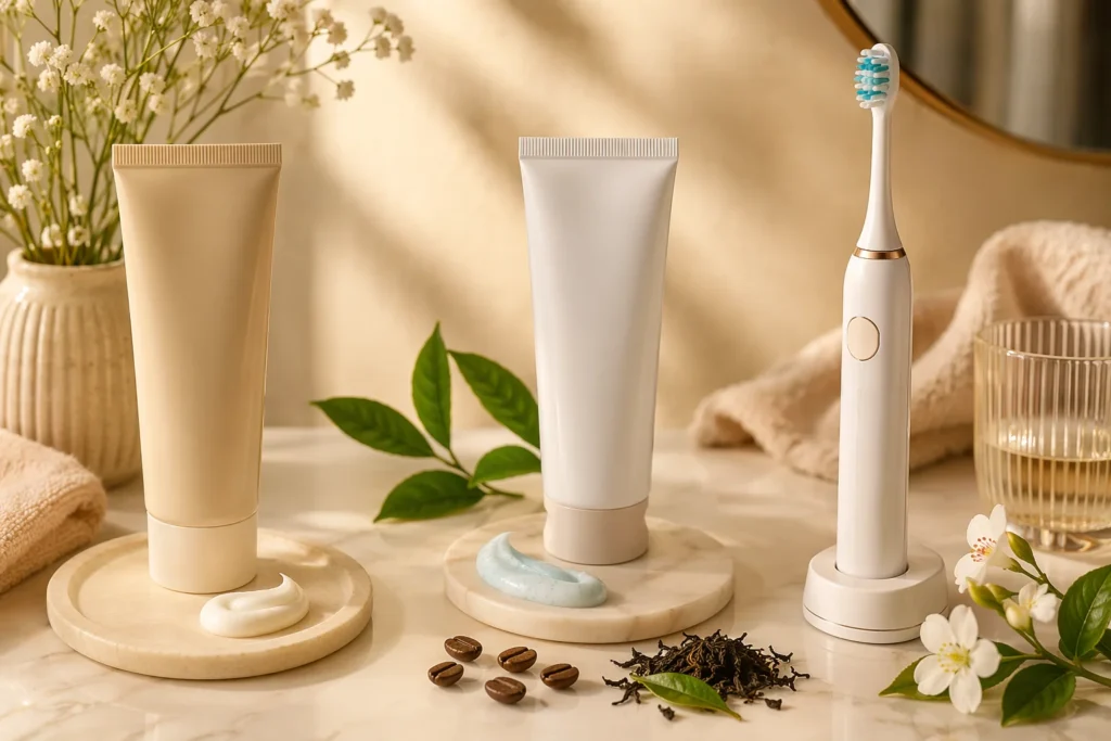 Best toothpaste for coffee and tea stains with an electric toothbrush on a marble bathroom counter in warm natural light.