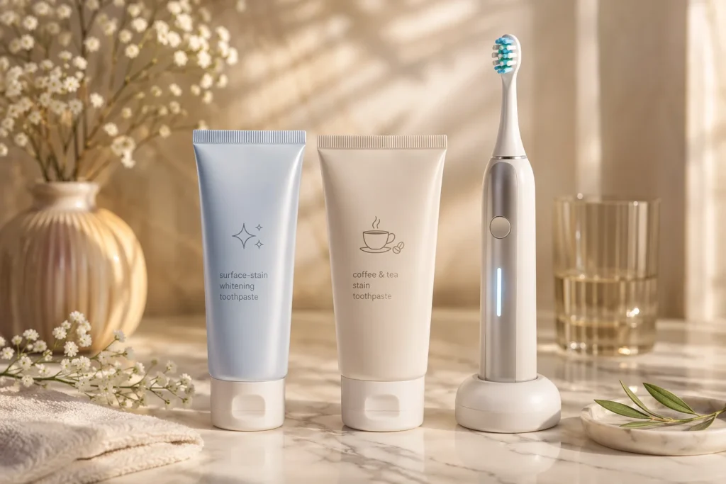 Best whitening toothpaste for surface stains and coffee or tea stains with an electric toothbrush on a marble bathroom counter.